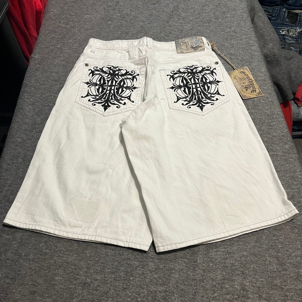 Southpole Premium White Denim Shorts Baggy Tribal Embroidered Mens 34 NWT Y2K